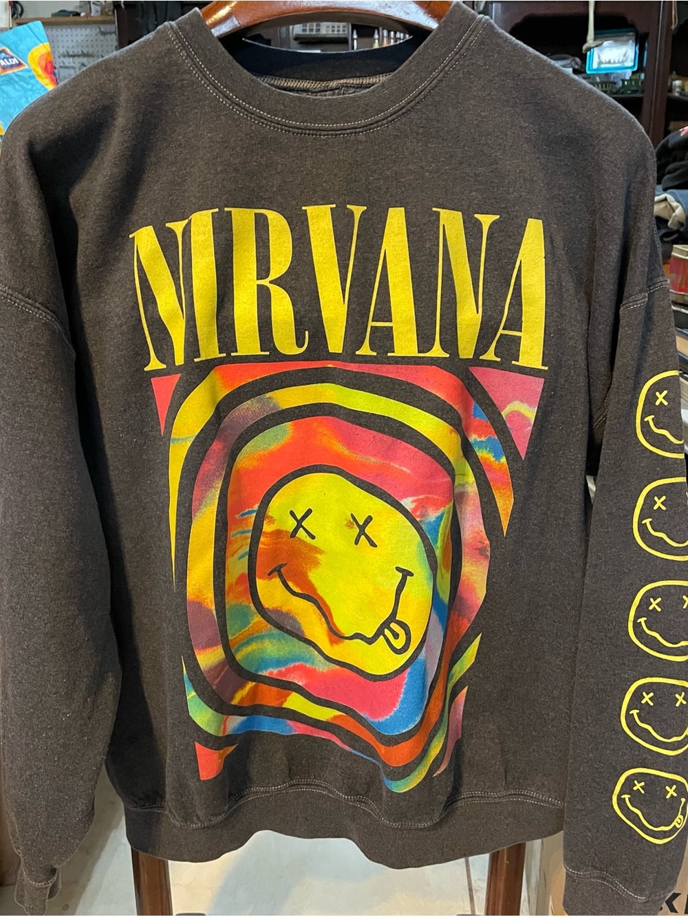 NIRVANA Gray Crewneck Sweatshirt with Yellow and Multicolor Smiley Graphic
